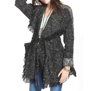 [Free People] Black & White Tweed Fringe Coat